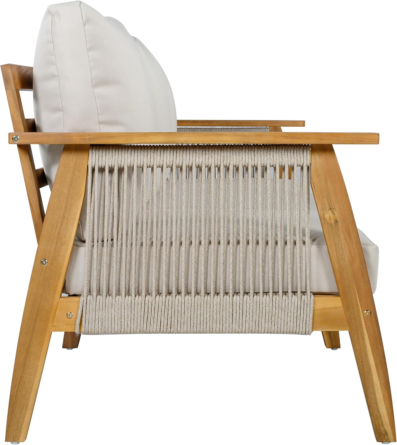 Christopher Knight Home Outdoor 3 Seater Patio Sofa with Acacia Wood Frame and Rope Weave Design, Cushioned Garden Couch with Removable Covers for Patio Deck Balcony, Teak and Beige