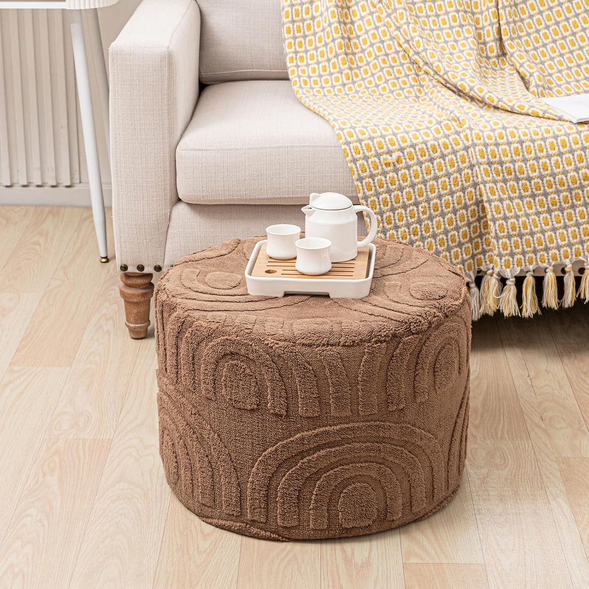 Asuprui Round Ottoman Pouf Foot Stool, Coffee 20x14 in,Sofa Couch Foot Rest | All-One Foam Pouf, Ottoman Coffee Table,Foot Rest for Chair,Remov.Cover, Perfect for Living Room Bedroom Dorm or Wedding Gift