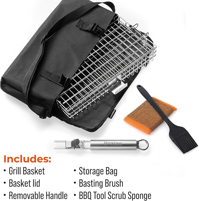 Adjustable Grill Basket w/Removable Handle - 4 Levels of adjustment for endless cooking options - Accessories include basting brush, scrub sponge, & storage bag