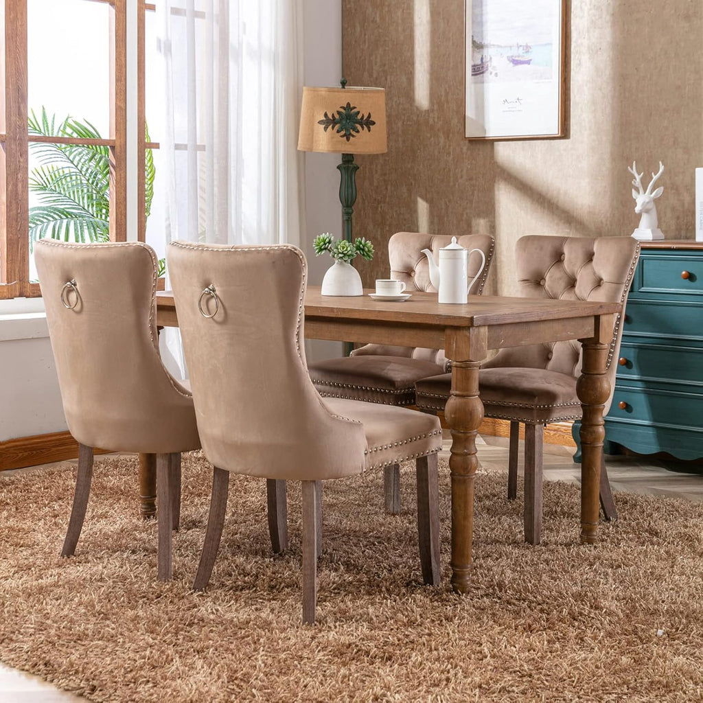 OVENTA Modern Tufted Upholstered Dining Chairs Set of 6, Sand Velvet Dining Room Chair with Solid Wood Legs, Sillas de Comedor, Kitchen Chairs (Sand, Velvet Set of 6)