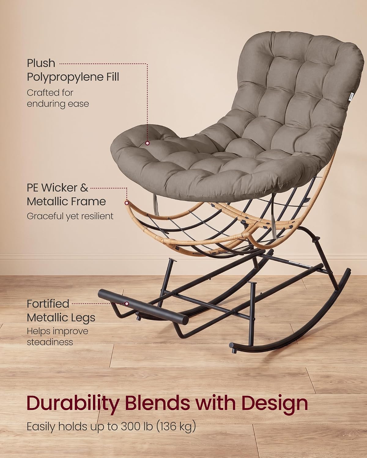 VASAGLE Outdoor Rocking Chair with Extendable Footrest, Removable Cushion | Papasan Chair, Outdoor Furniture, Heavy Duty Rocker, for Porch Patio Garden, Beige, TEOU Collection ULYY062LZ01V1