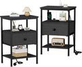 VECELO Nightstands with Charging Station Set of 2,Bedside Tables with Storage Shelf&Fabric Drawer,End Tables for Bedroom,Living Room,Small Spaces,Black