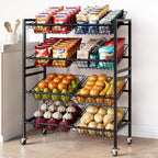 Evermagin 25.2" W Kitchen Storage Cart, 4-Tier Snack Cart with Wheels | Metal Fruit Basket Vegetable Stand, Pantry Storage Organizer with 8 Removable Baskets for Onion Potato, Black