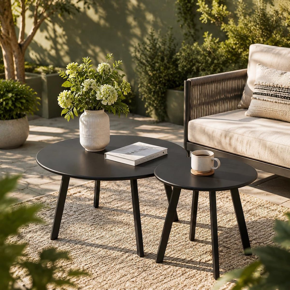 Weather Resistant Modern 2 Piece Round Nesting Coffee Table Set