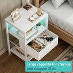 BOLUO White Nightstand with Charging Station, LED Night Stand with Fabric Drawers and Shelf, Bedside Table with USB Ports and Outlets, Bedroom Nightstand Modern