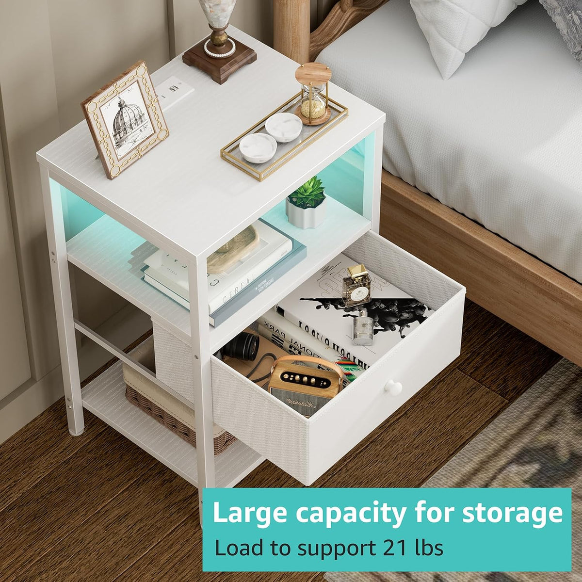BOLUO White Nightstand with Charging Station, LED Night Stand with Fabric Drawers and Shelf, Bedside Table with USB Ports and Outlets, Bedroom Nightstand Modern
