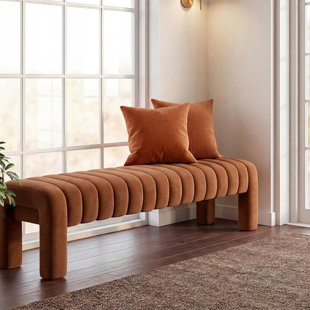 63" Bedroom Bench, Upholstered Entryway Bench, Modern End of Bed Ottoman with Solid Wood Legs and Adjustable Foot Pegs for Entryway, Dining Room and Living Room (Brown Velvet)