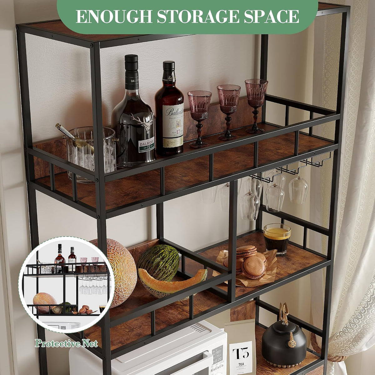 71" Tall Bar Cabinet with Wine Rack & Storage Shelves, 3-Tier Freestanding Backers Rack with Barn Door, Metal Structure Coffee Bar Table for Kitchen Dining Room, Retro Color