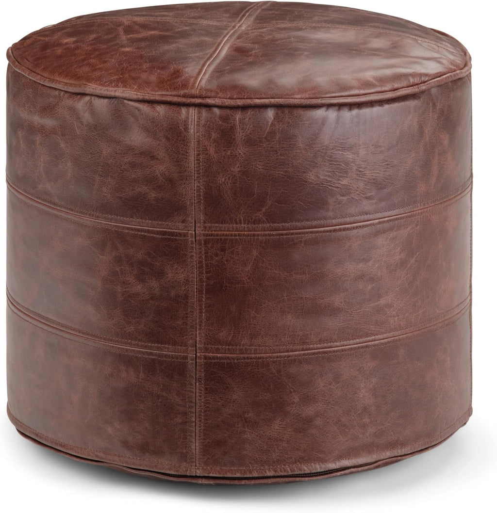 SIMPLIHOME Connor 18" Wide Round Pouf in Distressed Brown Genuine Leather | Boho footstool, extra seating for living room or bedroom with polystyrene filling, assembled; pouf ottoman or floor cushion.