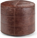 SIMPLIHOME Connor 18" Wide Round Pouf in Distressed Brown Genuine Leather | Boho footstool, extra seating for living room or bedroom with polystyrene filling, assembled; pouf ottoman or floor cushion.