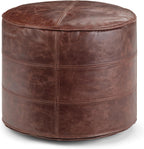 SIMPLIHOME Connor 18" Wide Round Pouf in Distressed Brown Genuine Leather | Boho footstool, extra seating for living room or bedroom with polystyrene filling, assembled; pouf ottoman or floor cushion.