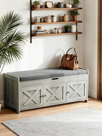 Amada Farmhouse Shoe Storage Bench with Cushion, 3 Doors & Lift-Top Storage, Adjustable Shelves, 300 lbs Capacity Entryway Bench for Bedroom, Living Room, Wash Grey