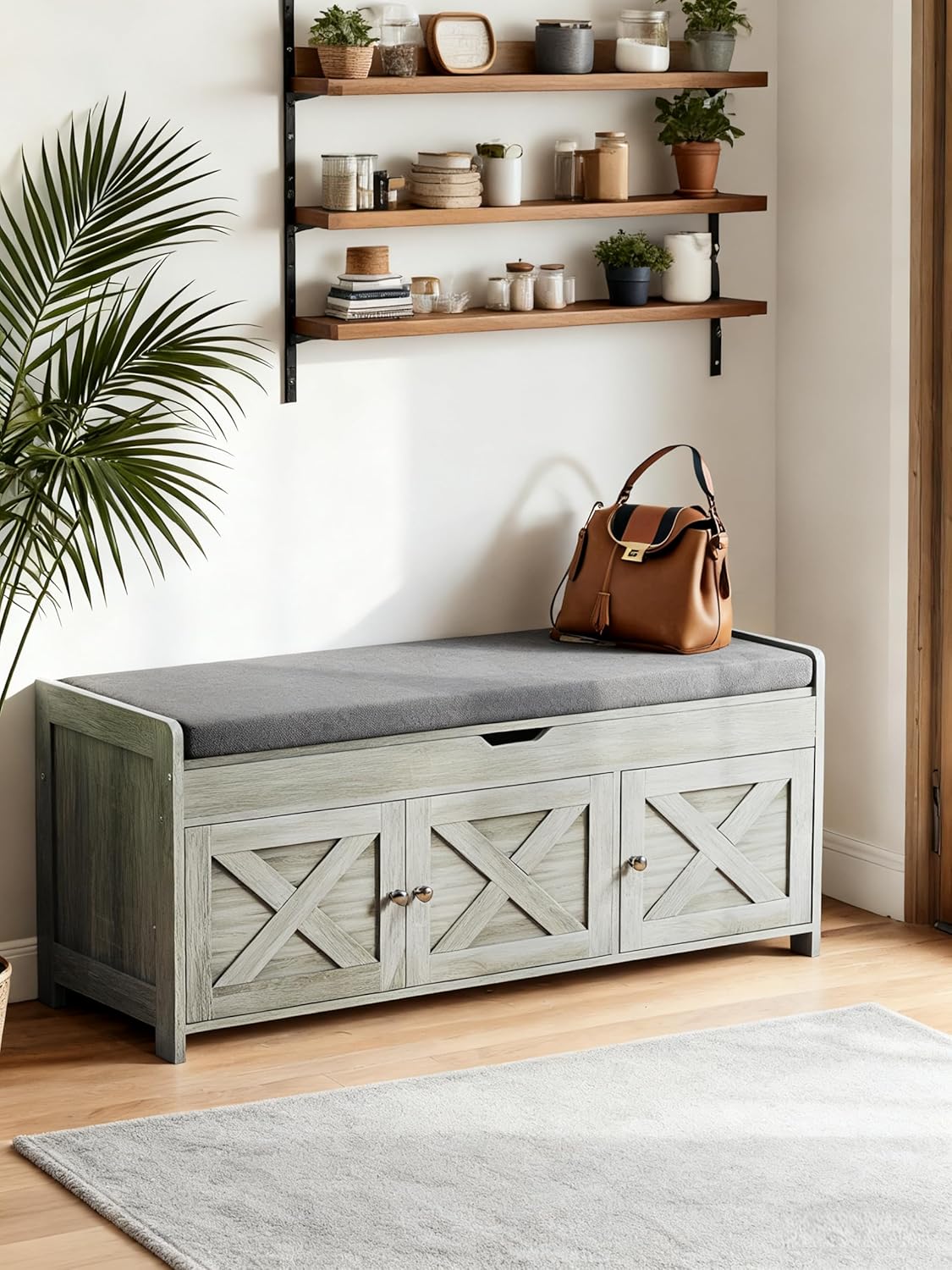 Amada Farmhouse Shoe Storage Bench with Cushion, 3 Doors & Lift-Top Storage, Adjustable Shelves, 300 lbs Capacity Entryway Bench for Bedroom, Living Room, Wash Grey