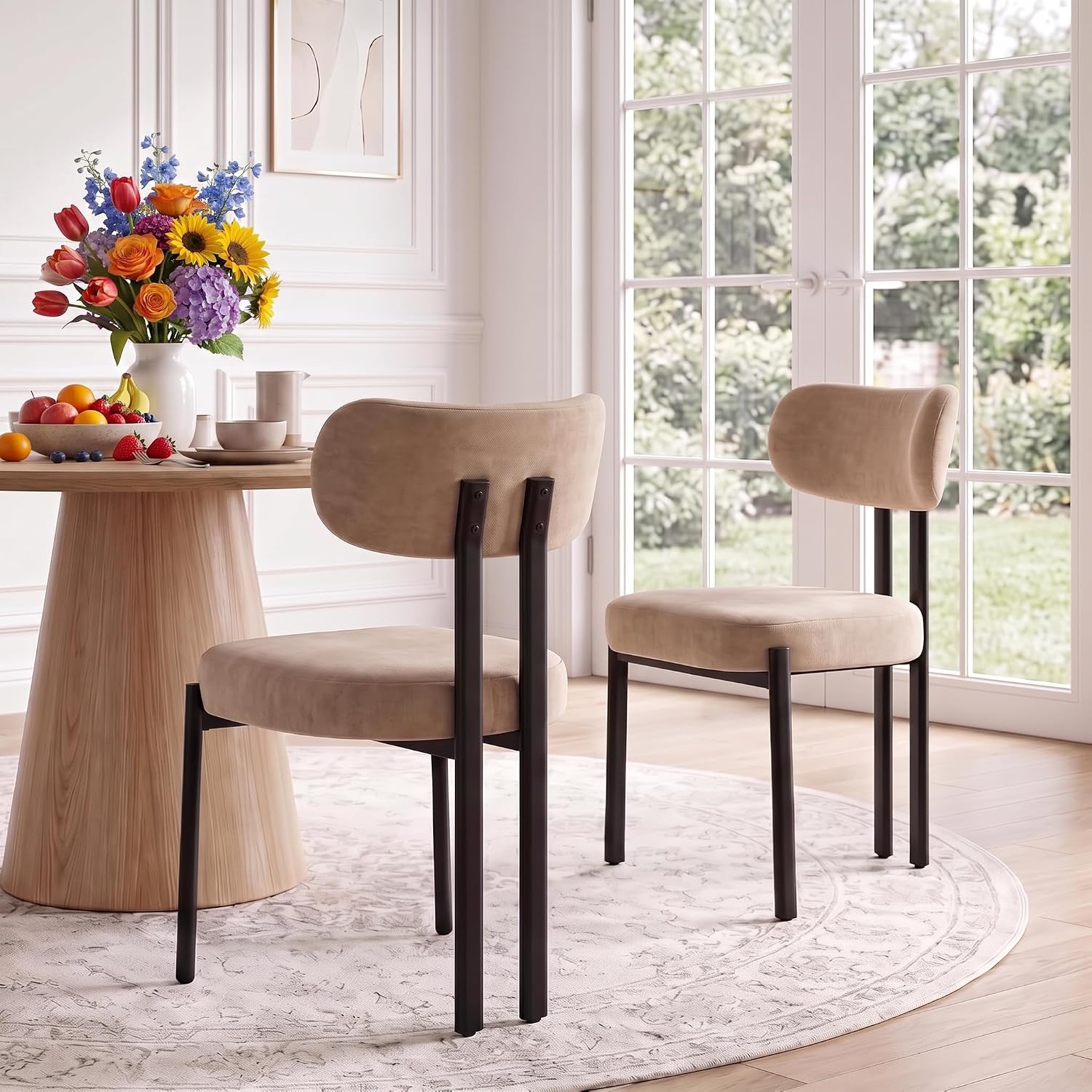 Ya-Home Modern Dining Chairs Set of 2, Chenille Kitchen Chairs, Khaki | Curved Back Upholstered Chairs With Black Metal Legs, Armless Dining Room Chairs Guest Chairs for Restaurant/Home Kitchen