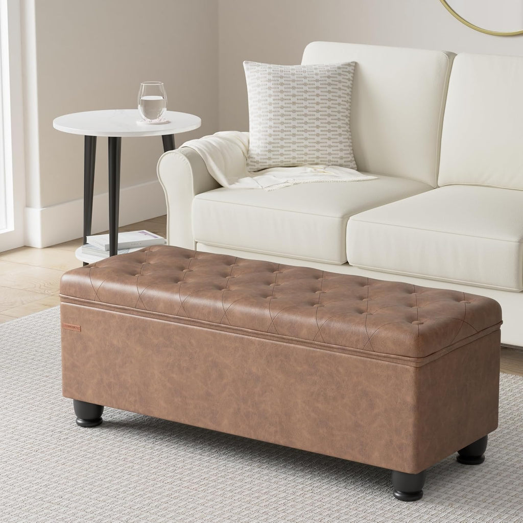 SONGMICS Storage Ottoman, 46.5 Inches Long Bed End Stool, Solid Wood Legs | Buttons Decoration, Non-Slip Foot Pads, 330.7 lb Load Capacity, Coffee Brown, MACEO Collection ULOM071K01