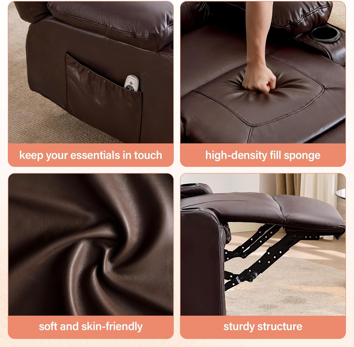 MAHOMICO Swivel Rocker Recliner Chair with Vibration Massage and Heat for Living Room,with Rocking Function and Side Pocket, PU Leather USB Charge Port,2 Cup Holders