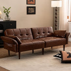 HALLYBEE 85" Futon Faux Leather Couch with Adjustable Armrests Red Brown | Futon Sofa Bed, Sleeper Sofa, Small Couch with Pillows, Side Pockets, Mid Century Modern, Living Room, Bedroom, Apartment