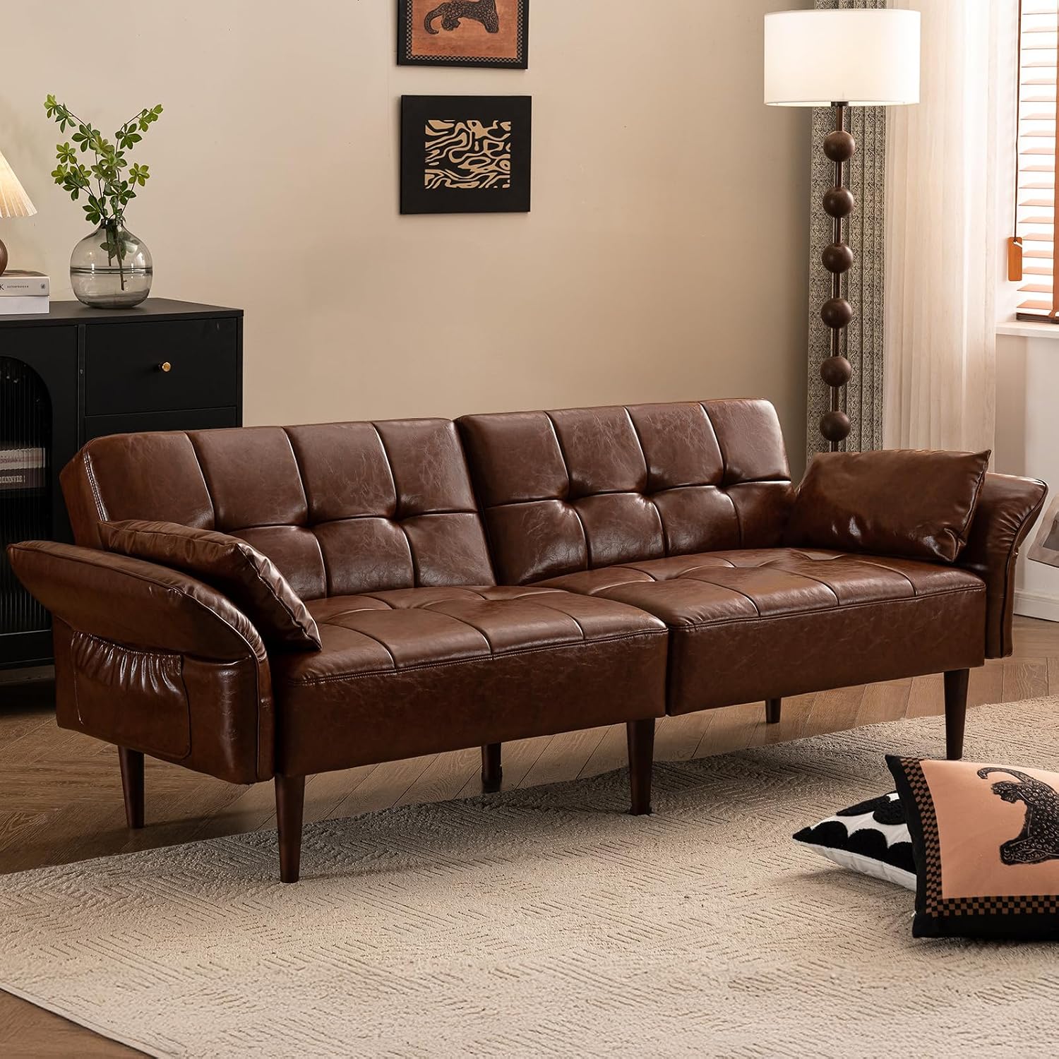 HALLYBEE 85" Futon Faux Leather Couch with Adjustable Armrests Red Brown | Futon Sofa Bed, Sleeper Sofa, Small Couch with Pillows, Side Pockets, Mid Century Modern, Living Room, Bedroom, Apartment