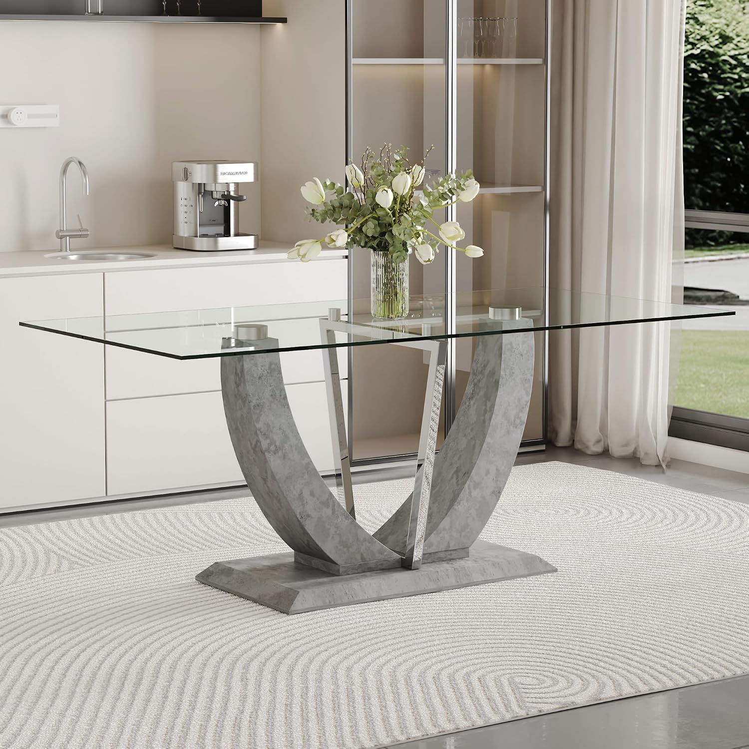 71" Glass Dining Table, Modern Kitchen Table for 6-8, Large Rectangle Dinner Table with Tempered Glass Top and Wooden Base for Dining Room, Kitchen