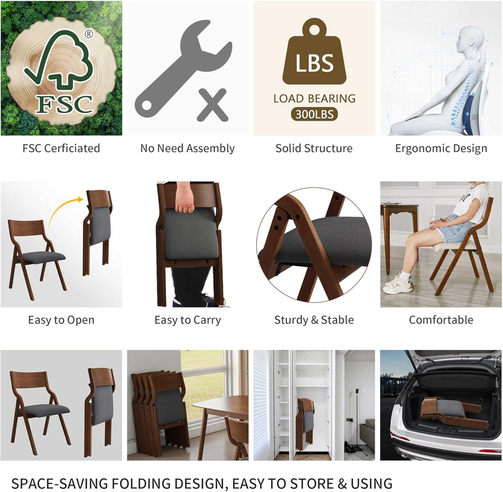 Folding Upholstered Dining Chairs 2-Piece Set,Ready to go | Upholstered with padded Seat, Solid Wood legs, Modern Side Chair, No Assembly Required,Foldable & Space-Saving