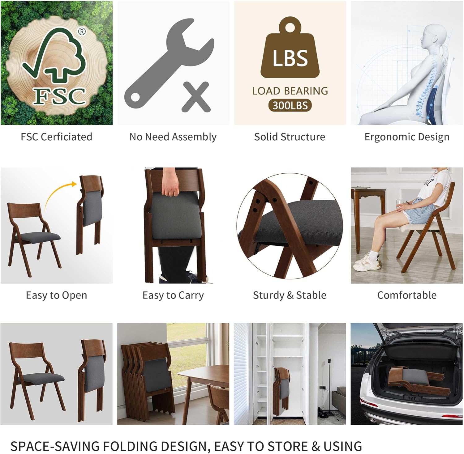 Folding Upholstered Dining Chairs 2-Piece Set,Ready to go | Upholstered with padded Seat, Solid Wood legs, Modern Side Chair, No Assembly Required,Foldable & Space-Saving