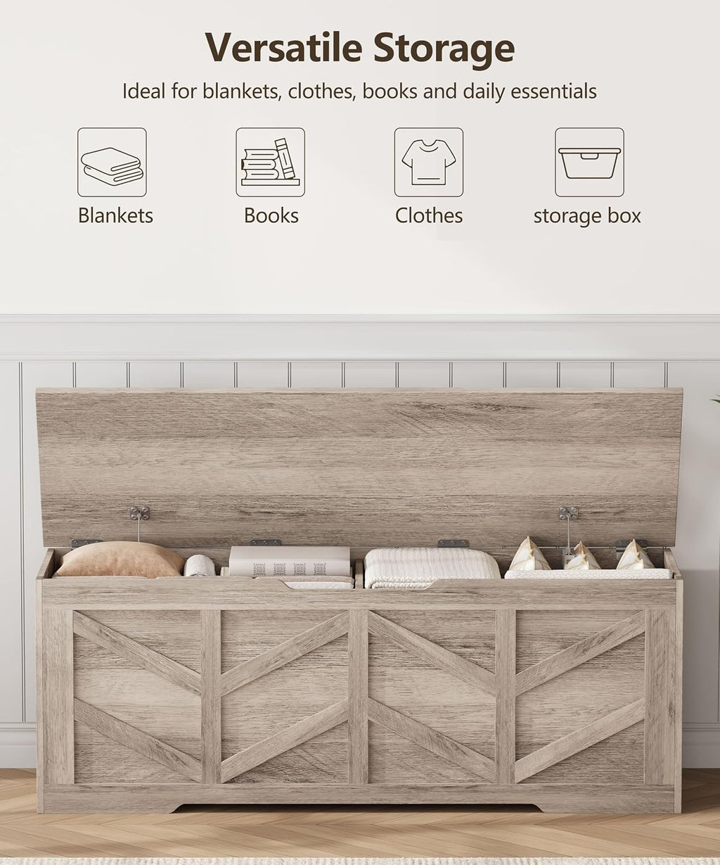 Extra Large Storage Chest, Storage Bench with 2 Safety Hinges | 51.2" Storage Trunk Supports 330 lb, Wooden Farmhouse Blanket Storage for Bedroom, living room, entryway, Greige