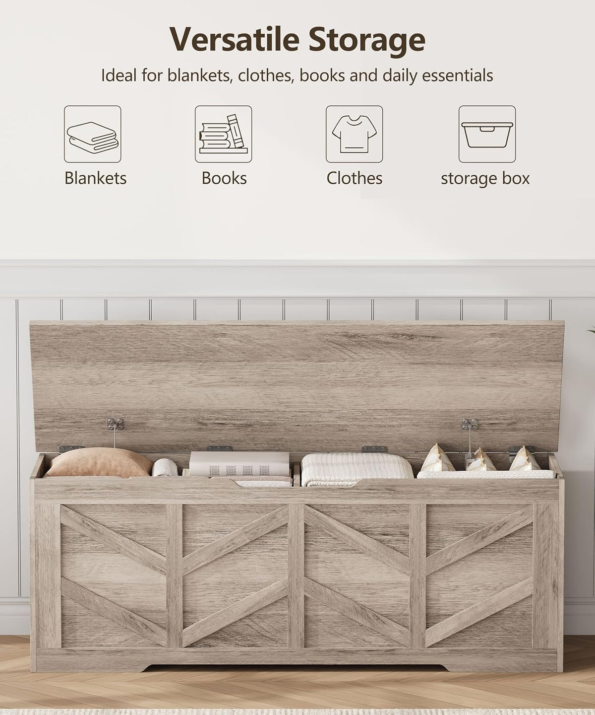 Extra Large Storage Chest, Storage Bench with 2 Safety Hinges | 51.2" Storage Trunk Supports 330 lb, Wooden Farmhouse Blanket Storage for Bedroom, living room, entryway, Greige