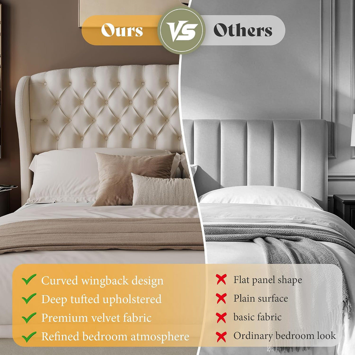 AMERLIFE Full/Queen Headboard Only, Velvet Upholstered Wingback, Cream
