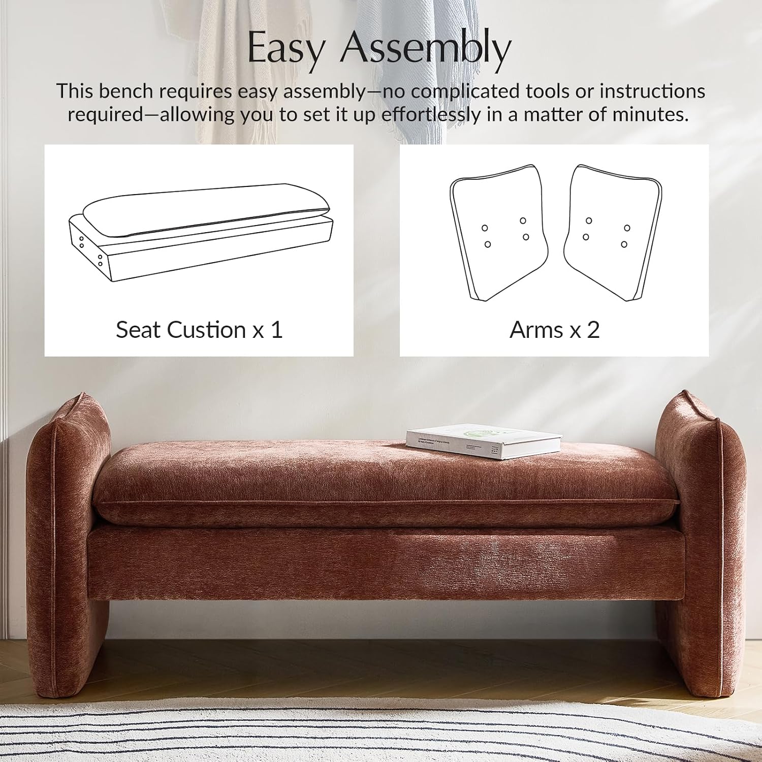 HULALA HOME 57.5" Modern Chenille Upholstered Bench, End of Bed Bench with Thick Padded Seat, Plush Cushion Bedroom Bench for Bedroom, Living Room, Rust
