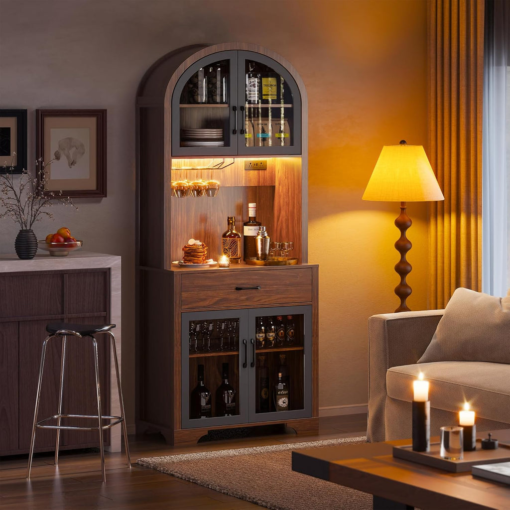 Arched Kitchen Pantry Cabinet, Kitchen Hutch Storage Cabinet with Countertop and Charging Station, Tall Coffee Bar Cabinet with Storage, Dining Room Kitchen Hutch Cabinet with Storage