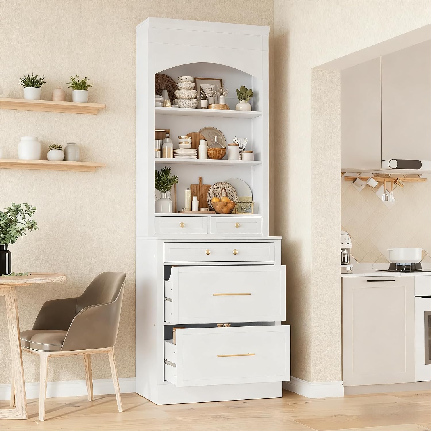 84'' Tall Kitchen Pantry, Storage Cabinet with 5 Storage Drawers and Adjustable Shelf, Anti-Tip Safety, Faux Marble Top Display Cupboard for Kitchen, Dining Room, Living Room, White