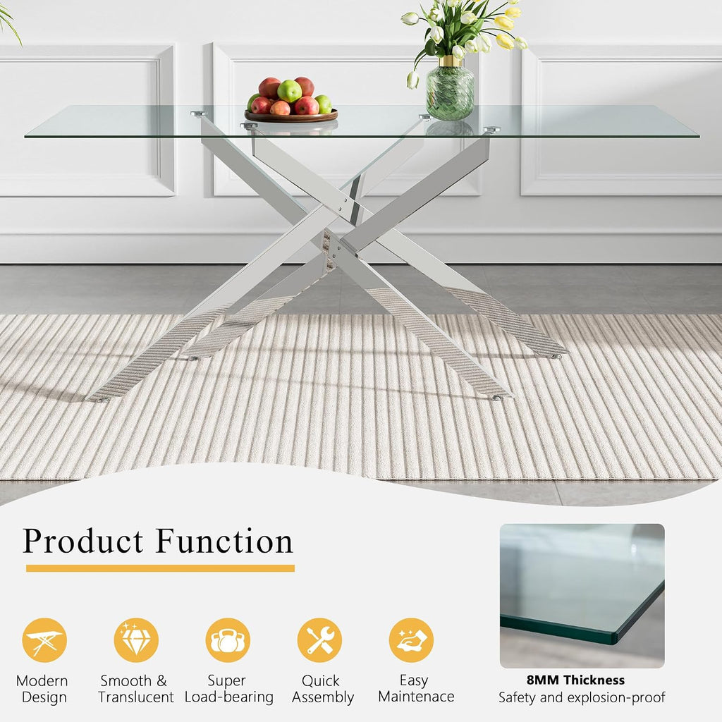 Modern Glass Dining Table Set for 6, 60" Glass Kitchen Table and Chairs Set of 6, Dining Room Table Set for 6 with Pu Leather Chairs, 7 Piece Dining Table Set for Small Space Apartment, White & Silver