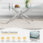 Modern Glass Dining Table Set for 6, 60" Glass Kitchen Table and Chairs Set of 6, Dining Room Table Set for 6 with Pu Leather Chairs, 7 Piece Dining Table Set for Small Space Apartment, White & Silver