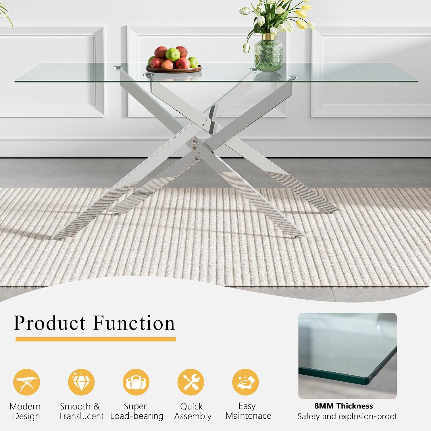 Modern Glass Dining Table Set for 6, 60" Glass Kitchen Table and Chairs Set of 6, Dining Room Table Set for 6 with Pu Leather Chairs, 7 Piece Dining Table Set for Small Space Apartment, White & Silver