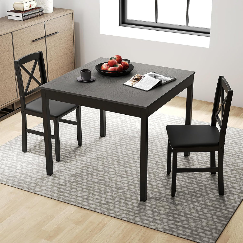 GOFLAME 3-Piece Dining Table Set for 2, Wooden Square Kitchen Table with 2 Upholstered Chairs, Space-Saving Dining Room Furniture Set for Dining Room, Breakfast Nook, Small Space, Grey & Black