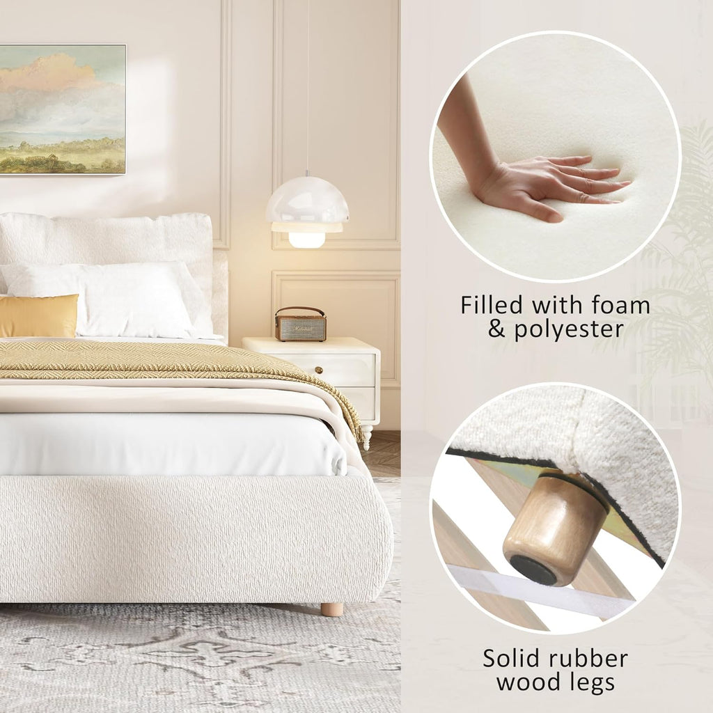 Christopher Knight Home Hazel Queen Size Bed Frame, Upholstered Platform Bed, Soft Boucle Queen Headboard, Removable Pillows Headboard, Wood Slats Support, No Box Spring Needed, Easy Assembly, White