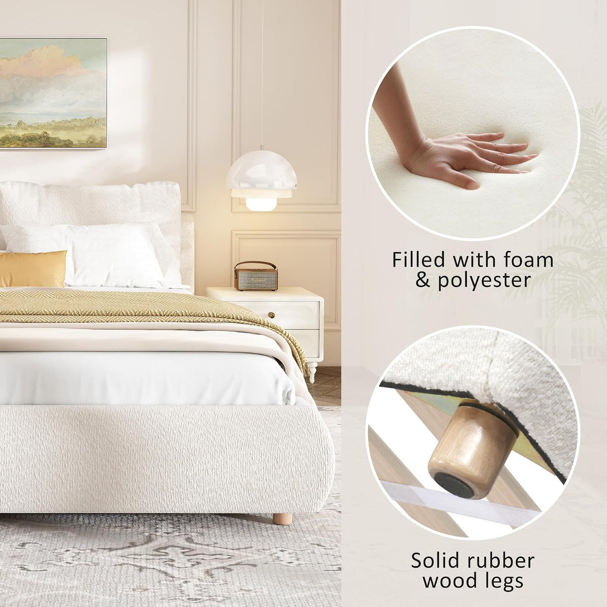 Merax Queen Boucle Platform Bed with 2 Removable Headboard Pillows, White