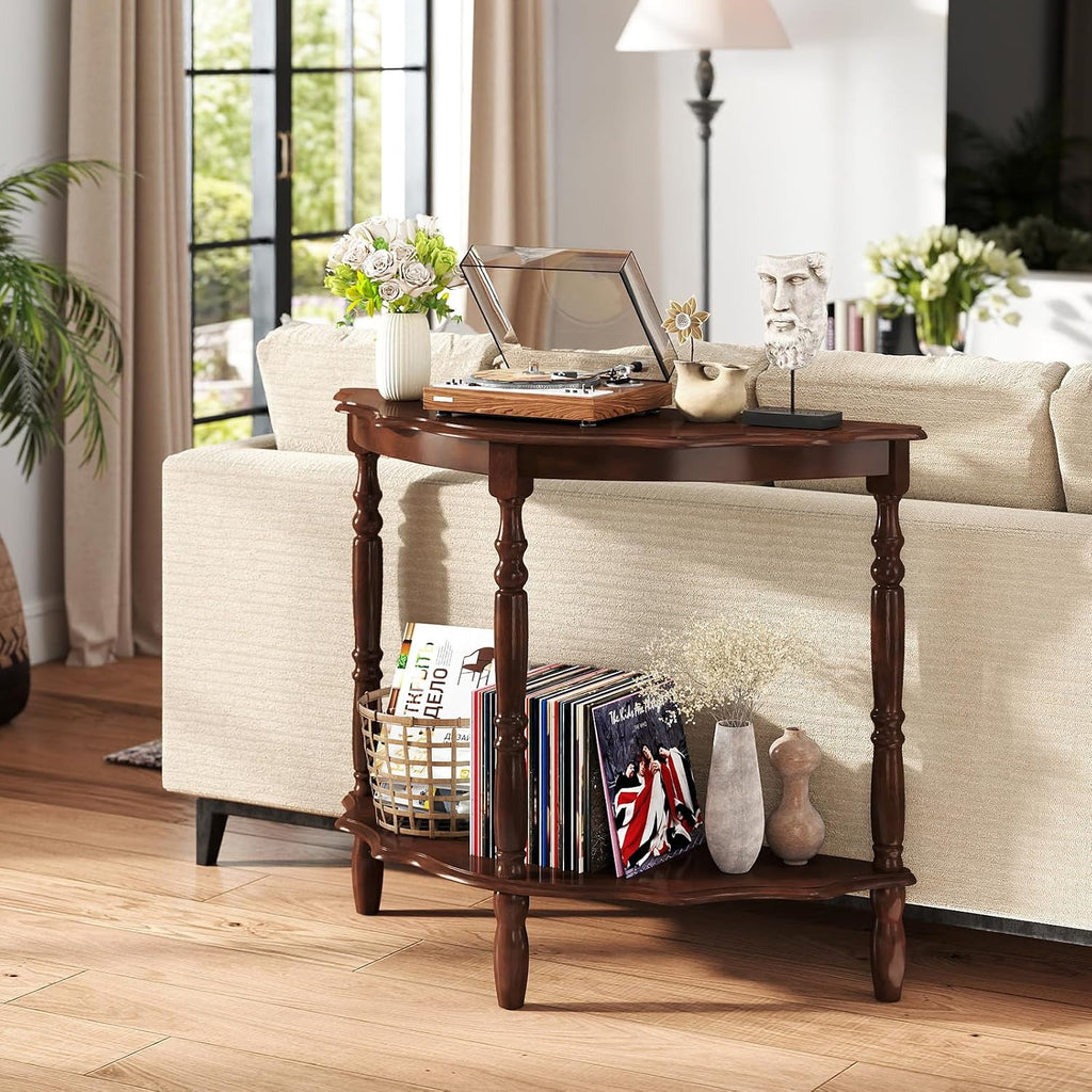 GOFLAME Half Moon Entryway Table, Retro Console Table with Storage Shelf & Solid Rubber Wood Legs, Vintage Display Accent Table, 2-Tier Curved Sofa Table for Living Room, Hallway, Entry, Walnut