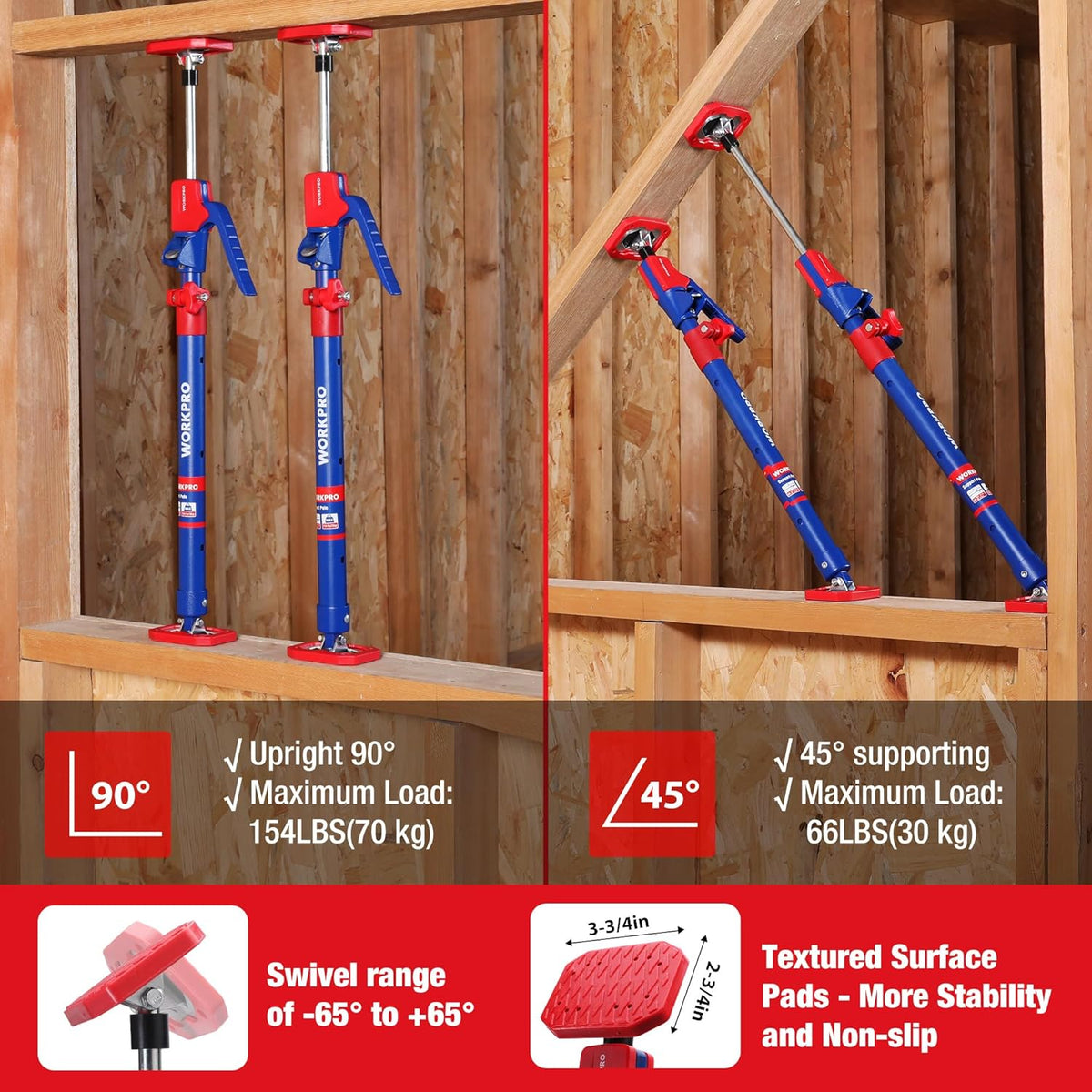 WORKPRO Cabinet Jack Support Pole, 23-5/8" to 45-1/4" Steel Telescopic Quick Support Rod Adjustable 3rd Hand Support System with 154 lbs Capacity for Cabinet Jack, Drywall Jack& Cargo Bars, 2-Pack