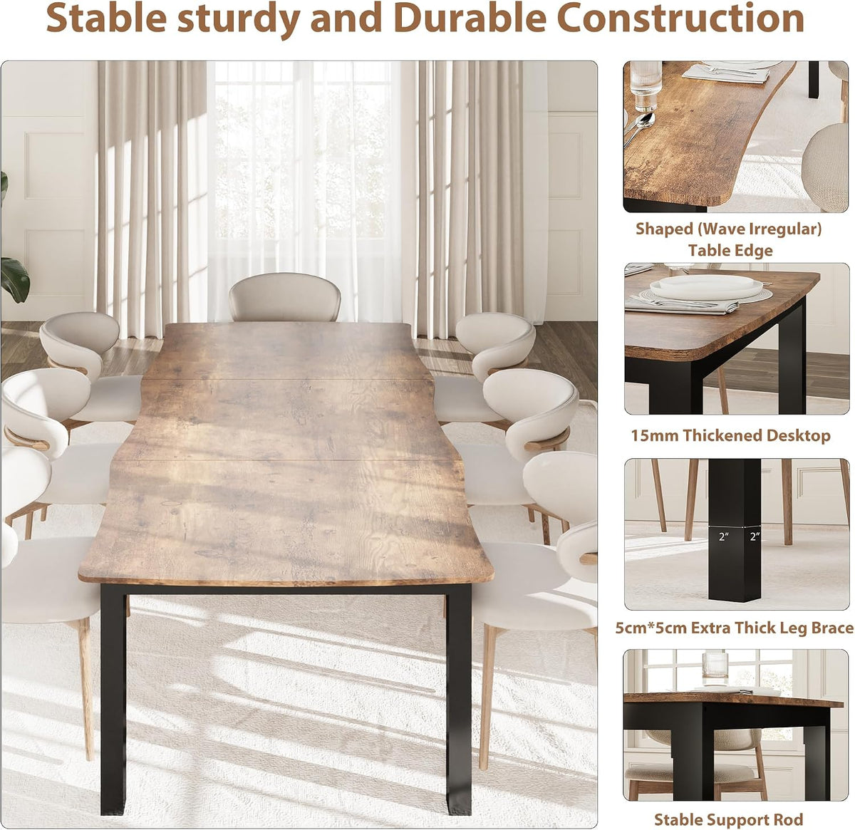 Garvee Dining Room Table for 6-8 People, 79”Dining Table, Rectangular Kitchen Table with Iron Legs, Quick Assembly, 300 Lbs Capacity, for Dining Room, Kitchen and Living Room, Retro Brown