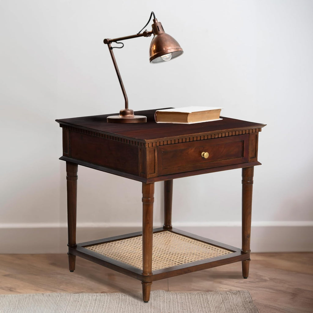 Creative Co-Op Maxwelton Solid Wood End Table with Drawer and Woven Cane Storage Shelf, Dark Chestnut and Natural
