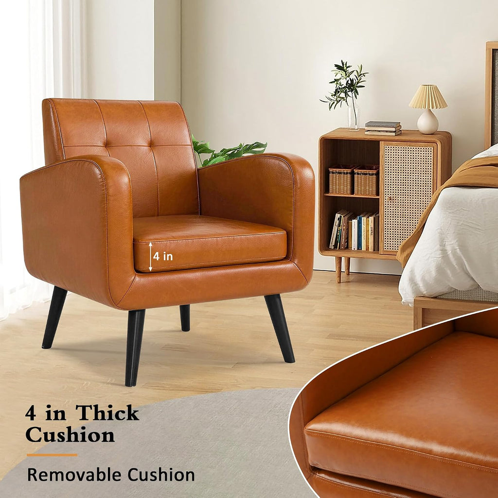LSSPAID Accent Chair, Modern PU Leather Living Room Chairs, Comfy Upholstered Armchairs Single Sofa Chair with Solid Wood Legs for Apartment, Office, Brown