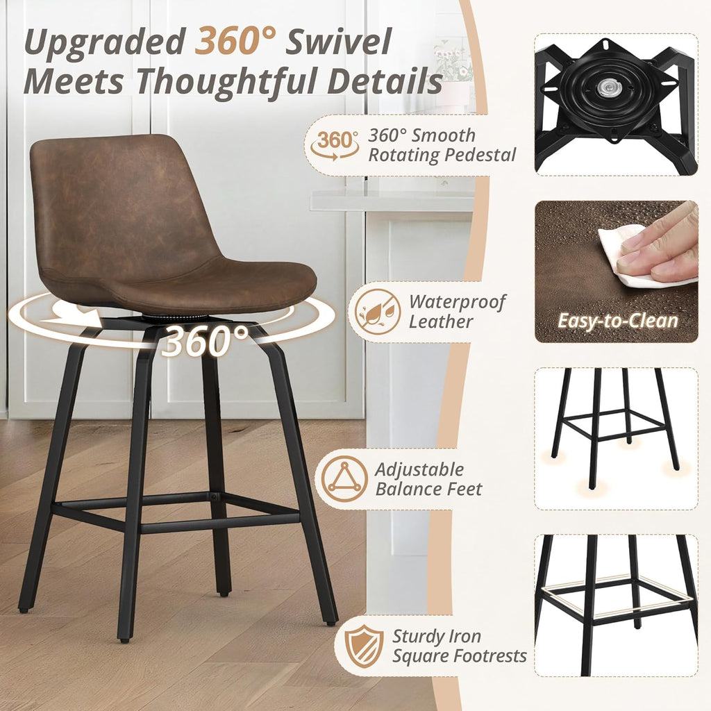LUE BONA 360° Swivel Bar Stools Set of 3, 26 Inch Counter Height Bar Stools, Modern Faux Leather Stools with Enlarged Seats, Metal Legs for Kitchen Island, Dining, Vintage Brown