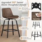 LUE BONA 360° Swivel Bar Stools Set of 3, 26 Inch Counter Height Bar Stools, Modern Faux Leather Stools with Enlarged Seats, Metal Legs for Kitchen Island, Dining, Vintage Brown