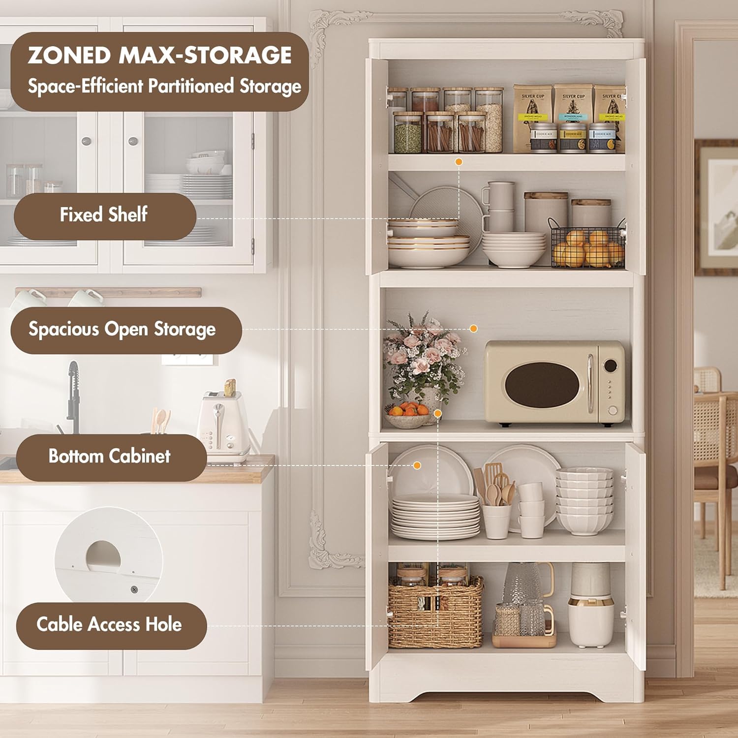 IDEALHOUSE Mid Century Modern Kitchen Pantry Cabinet, 72" Tall Storage Cabinet with Microwave Shelf, Wooden Freestand Cupboard with Carved Flower Door & Crystal Handle, for Dining Room