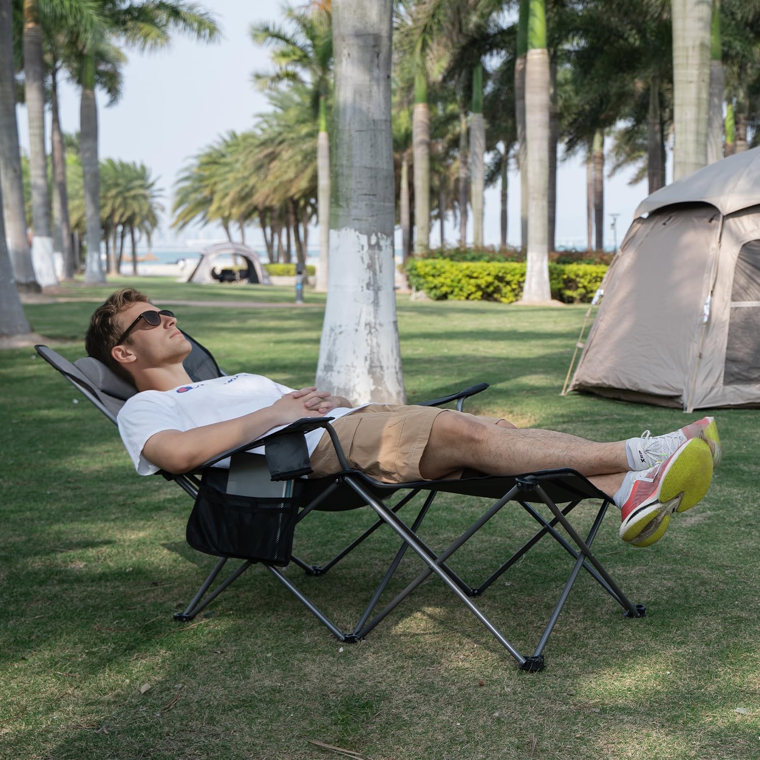 apollo walker Reclining Beach Chair, Adjustable 90-135° Backrest Camping Lounge Chairs for Adults, Folding Chair with Foot Rest & Detachable Pillow - Standard 6-Leg, Grey