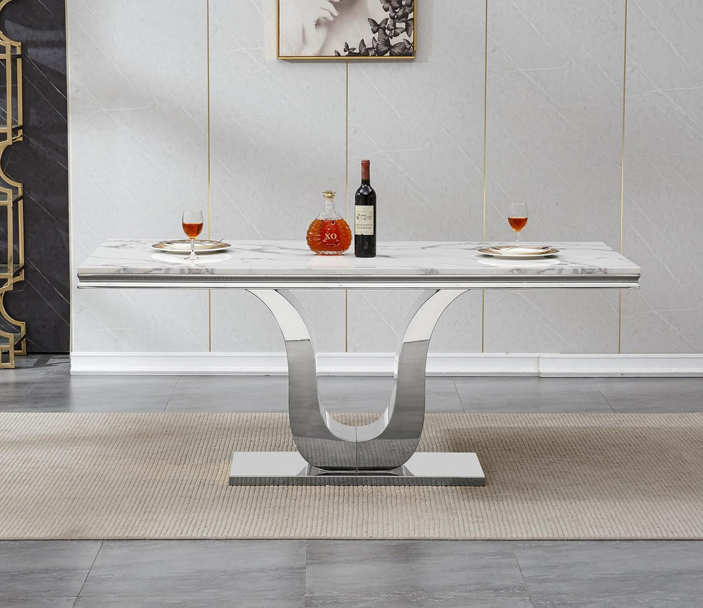 SSLine Modern White Marble Dining Table for 6-8 Rectangle 68" Faux Marble Kitchen Table for 6 Luxury Dining Room Tables with Silver Mirrored Stainless Steel U-Shape Pedestal Base for Home Office
