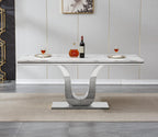 SSLine Modern White Marble Dining Table for 6-8 Rectangle 68" Faux Marble Kitchen Table for 6 Luxury Dining Room Tables with Silver Mirrored Stainless Steel U-Shape Pedestal Base for Home Office