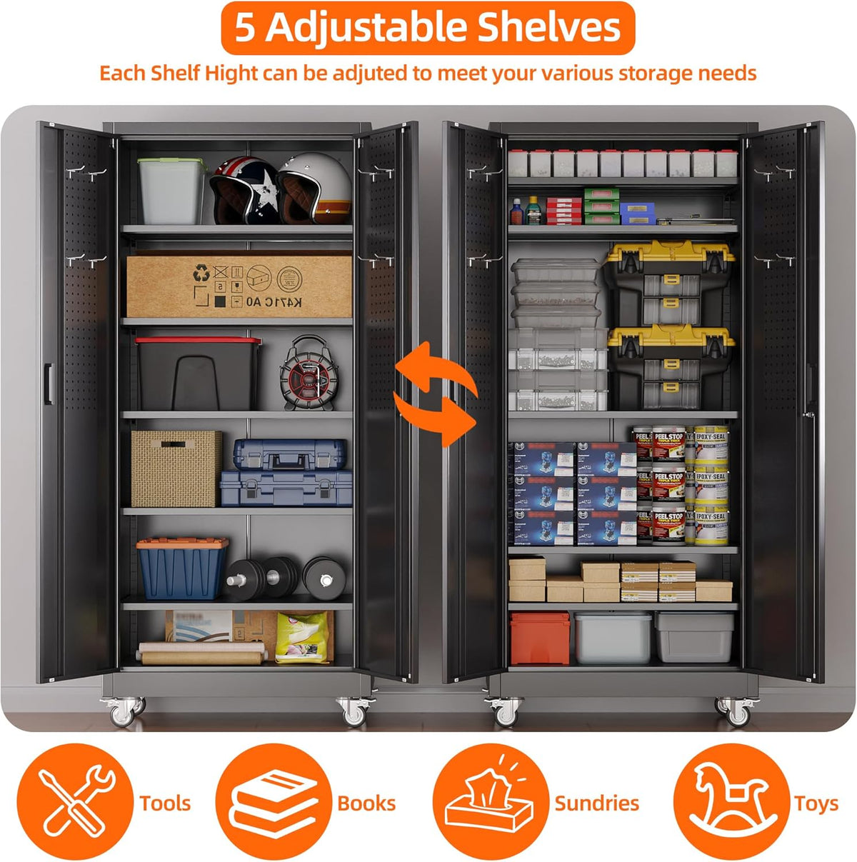 SUXXAN 71" Metal Storage Cabinet with Wheels, Pegboard, Lock, 5 Shelves | Locking steel cabinet with wheels, pegboard and 5 shelves for garage, workshop, office or pantry; assembly required.