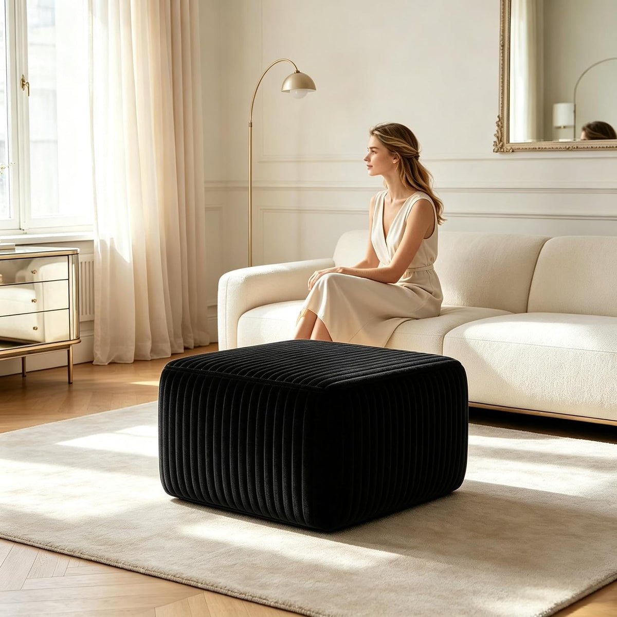 28 Inch Corduroy Square Ottoman Foot Rest, Modular Cloud Sofa Cube Pouf, 250LBS No Assembly Foot Stool for Living Room (Black, 25.7" D x 28" W x 15.7" H)